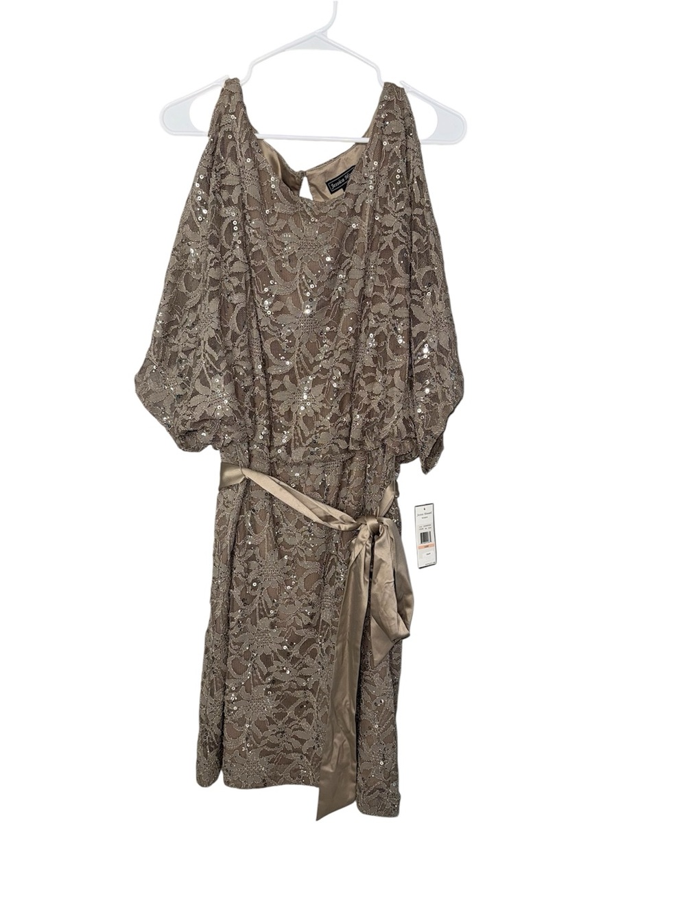 Jessica Howard Sequined Taupe Lace Cocktail Dress with Satin Tie